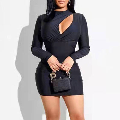 Solid Long Sleeve Cut Out Bodycon Dress