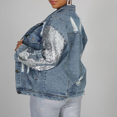 Sequins Long Sleeve Cut Out Denim Coat