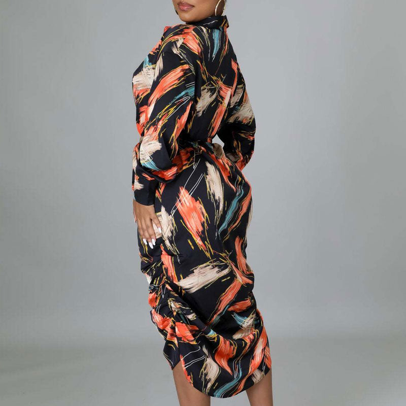 Print Long Sleeve Ruched Shirt Dress