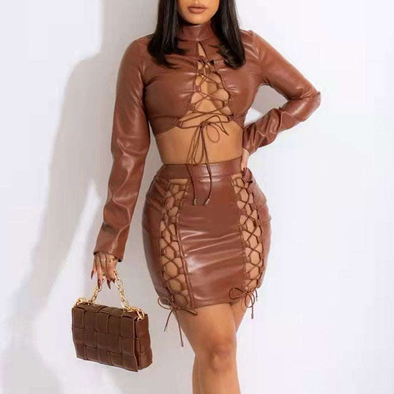 PU Leather Lace Up Crop Top & Skirt Set