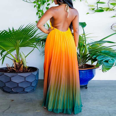 Gradient Halter Backless Pleated Maxi Dress