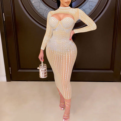 Rhinestone Long Sleeve Cut Out Sheer Mesh Midi Dress