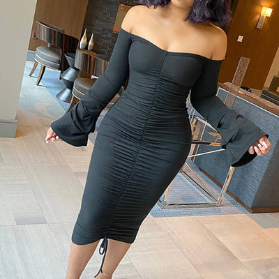 Solid Off Shoulder Flared Sleeve Ruched Dress