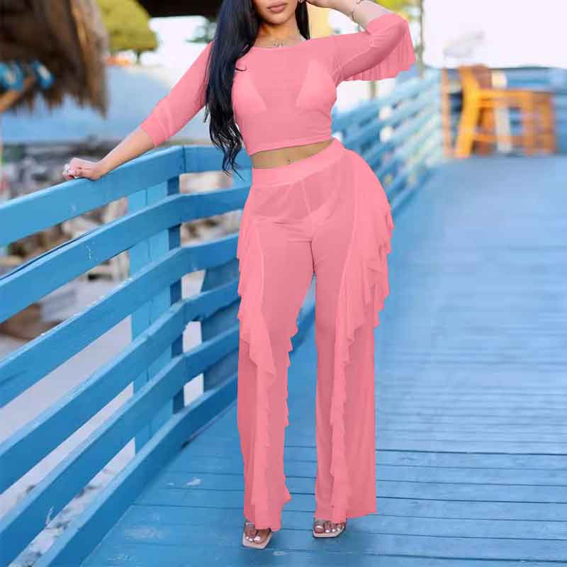 Solid Long Sleeve Ruffle Design Sheer Mesh 2PCS Pants Set