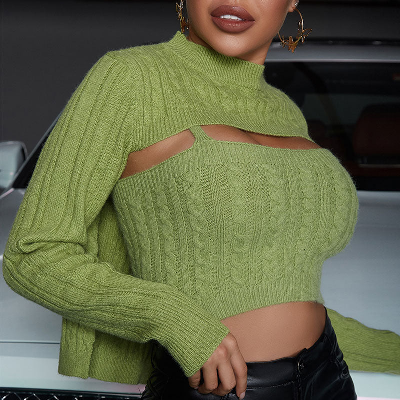 Solid Long Sleeve Knitted Tube Top & Sweater Set