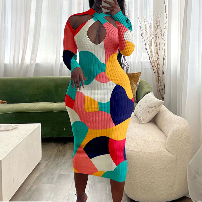 Colorblock Long Sleeve Cut Out Midi Dress