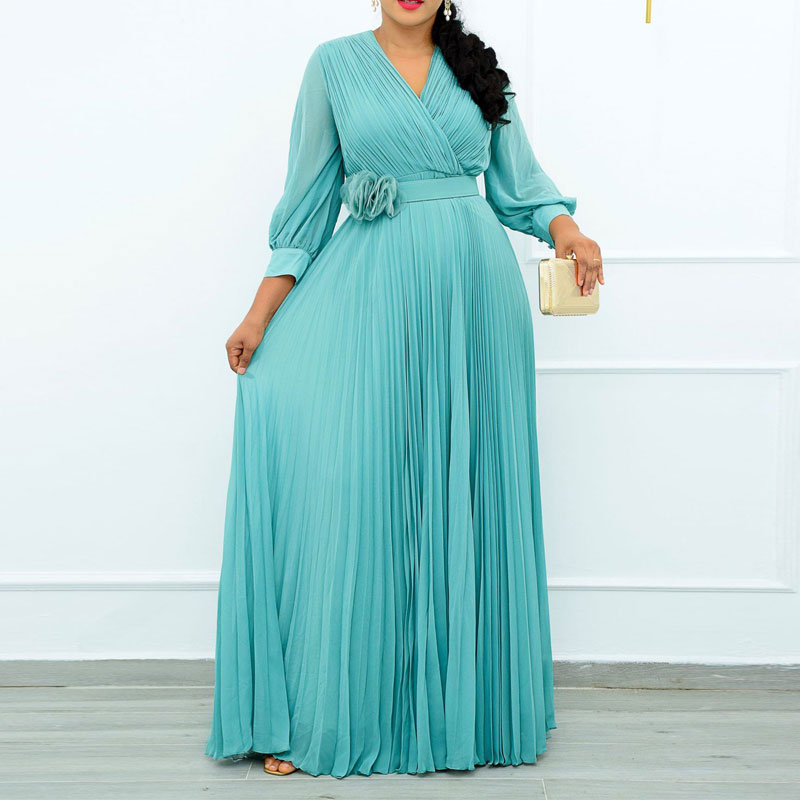 Solid V-Neck Lantern Sleeve Pleated Maxi Dress