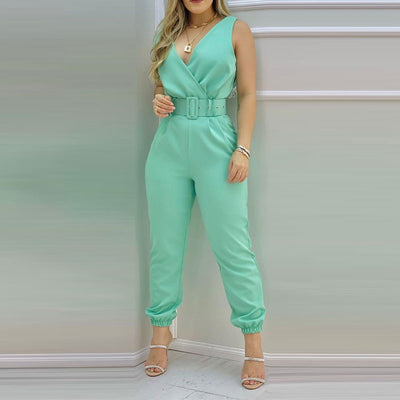 Floral Print Sleeveless Belted Jumpsuit