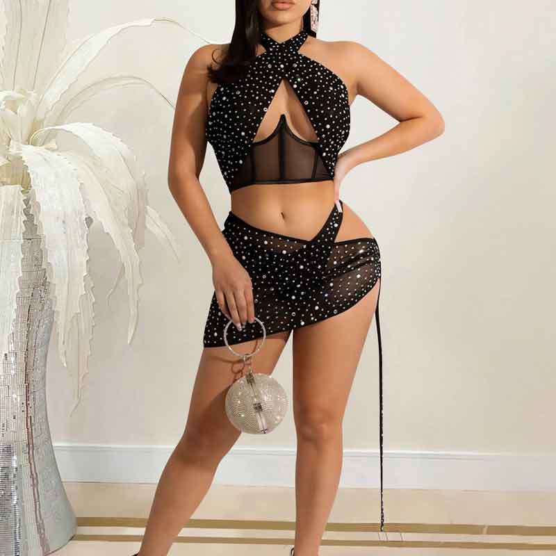 Rhinestone Halter Cut Out Sheer Mesh 3PCS Skirt Set