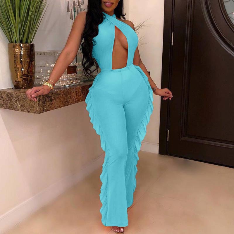 Halter Neck Backless Ruffles Jumpsuit Playsuit