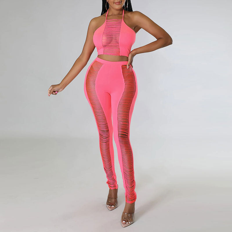 Solid Halter Cut Out Tube Top & Pants Set