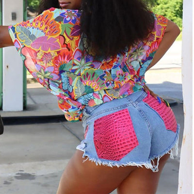 Colorblock High Waist Fringe Hem Denim Shorts