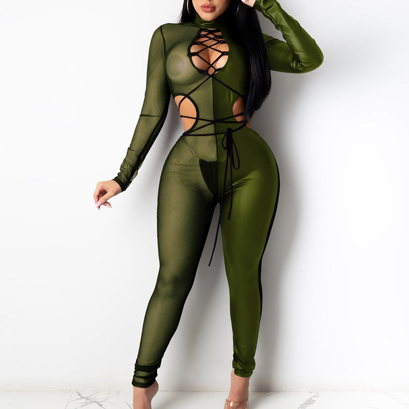 PU Sheer Mesh Patchwork Laceup Cutout Long Sleeve Jumpsuit