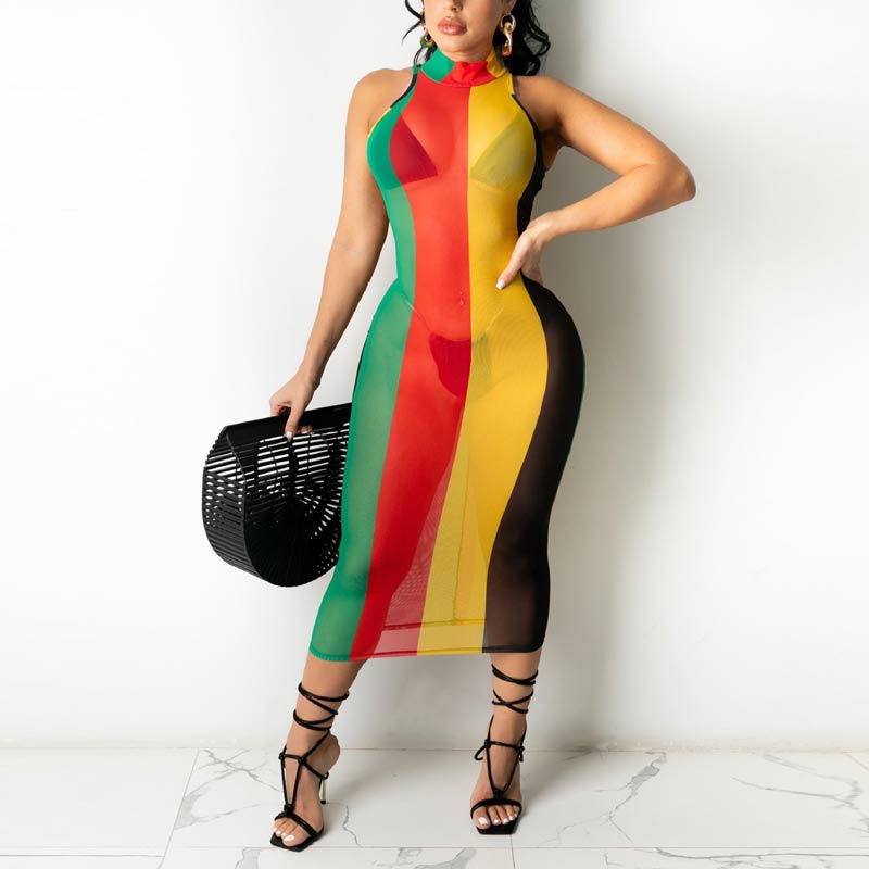 Sleeveless Colorblock Bodycon Slim Maxi Dress