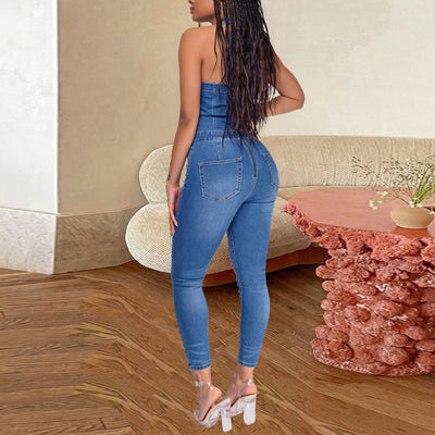 Solid Sleeveless V-Neck Button Detailed Skinny Denim Jumpsuit