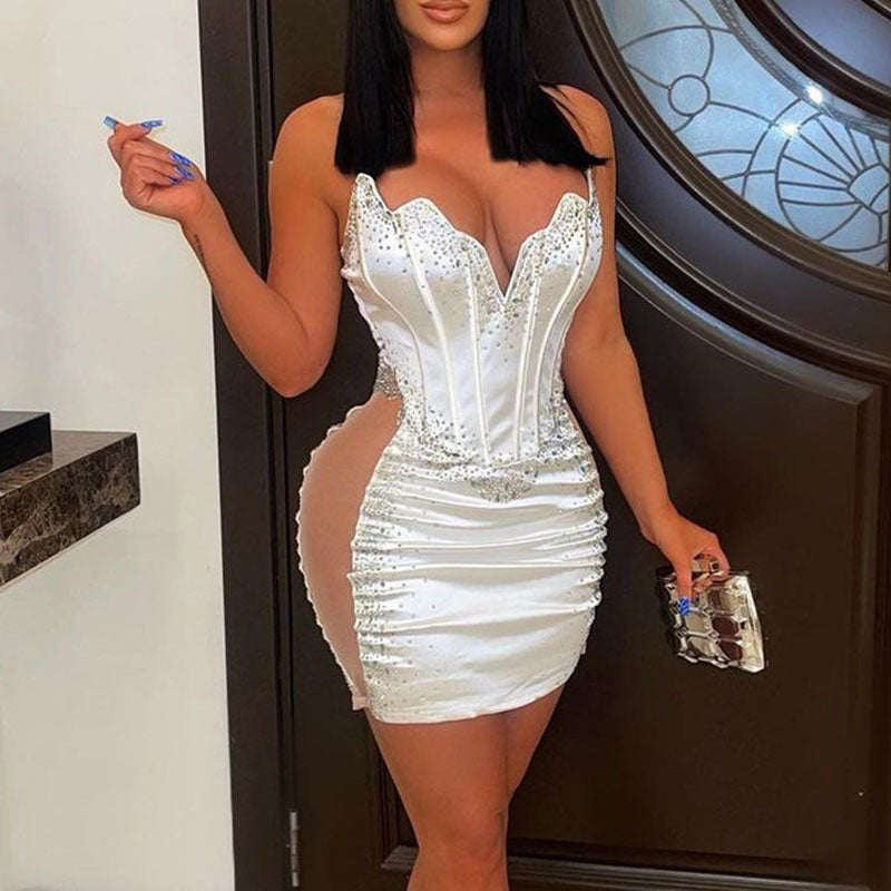 Rhinestone Bandeau Mesh Patchwork Bodycon Dress