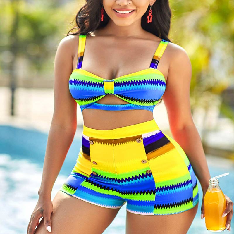 Colorblock Sleeveless Button Detailed Two Piece Swimsuit Set