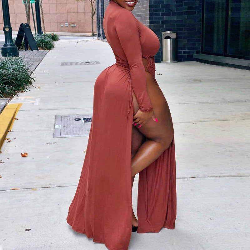 Solid Long Sleeve Drawstring  High Slit Dress