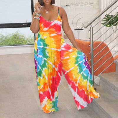 Tie Dye Print Sleeveless Wide Leg Jumpsuit