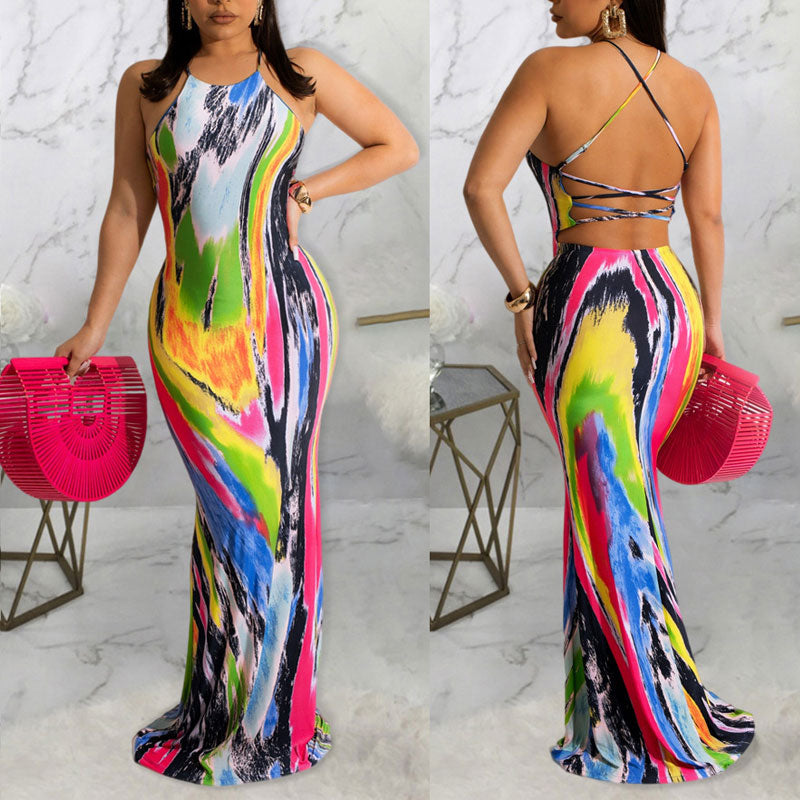 Tie Dye Print Sleeveless Bandage Maxi Dress