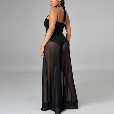 Solid Halter Sheer Mesh See Through Jumpsuit