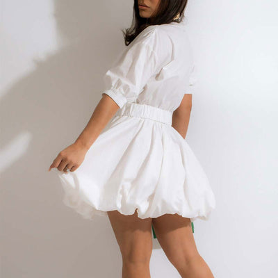 Solid Short Sleeve Button Detailed Bubble Puff Mini Dress