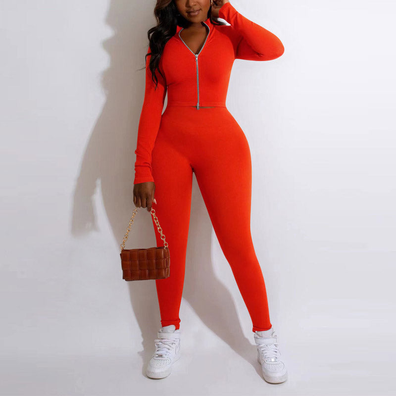 Solid Long Sleeve Zipper Design Top & Pants Set