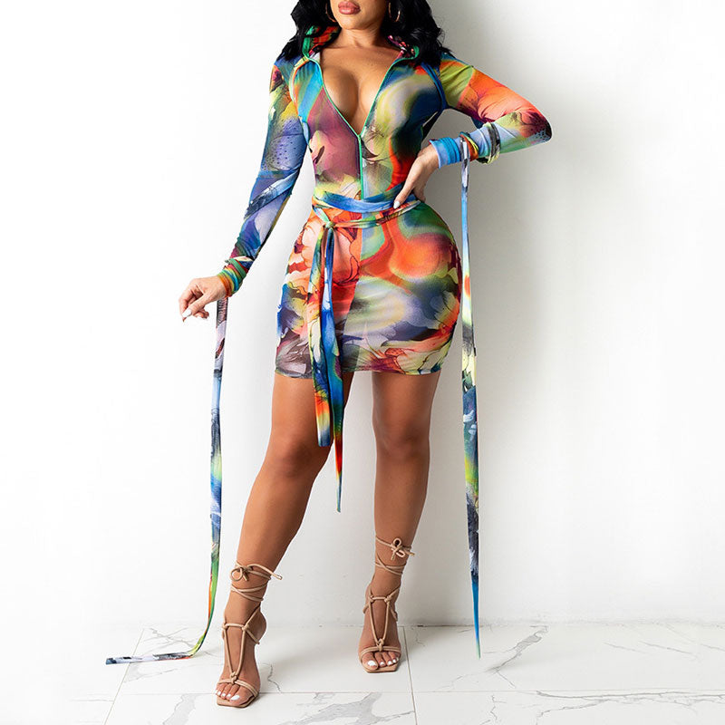 Print Long Sleeve Bandage Sheer Mesh Bodycon Dress