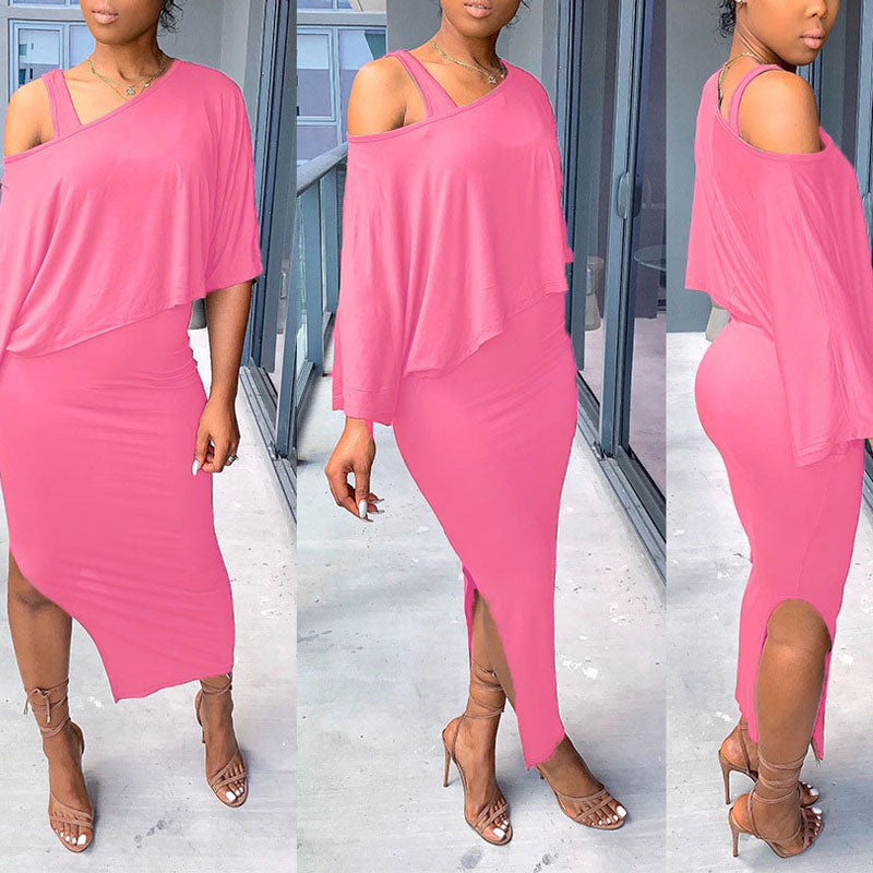 Solid Long Sleeve Top & High Slit Dress Set