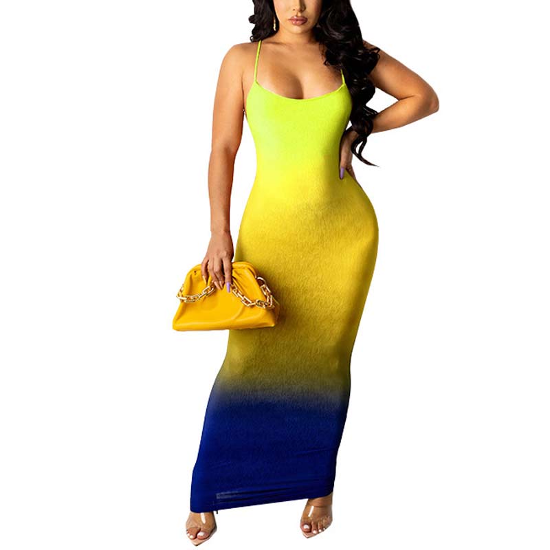 Gradient Color Sleeveless Backless Maxi Dress