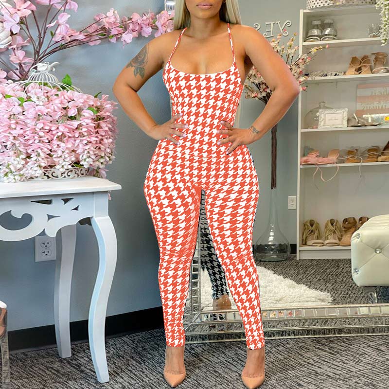 Houndstooth Print Sleeveless Spaghrtti Strap Jumpsuit