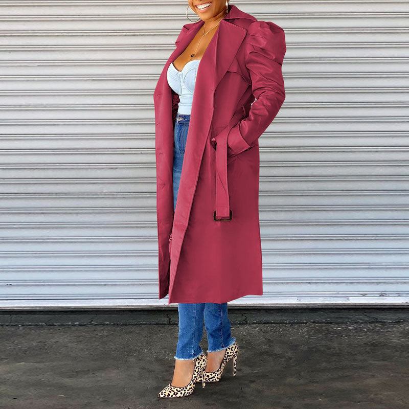 Solid Puff Sleeve Double Breasted Long Coat