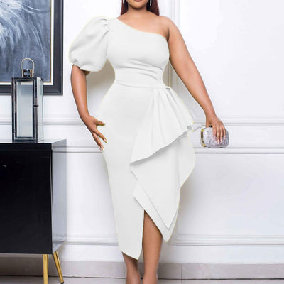 Solid One Shoulder Puff Sleeve Ruffled Midi Dress