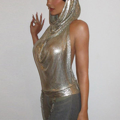 Glitter Cowl Neck Sleeveless Hoodie Top