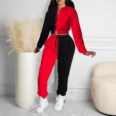 Colorblock Long Sleeve Eyelet Lace Up Blouse & Pants Set