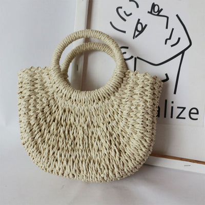 Straw Braided Round Beach Handle Handbag