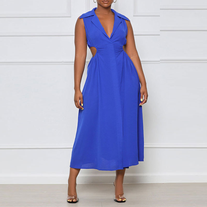 Solid V-Neck Sleeveless Cut Out Slit Maxi Dress