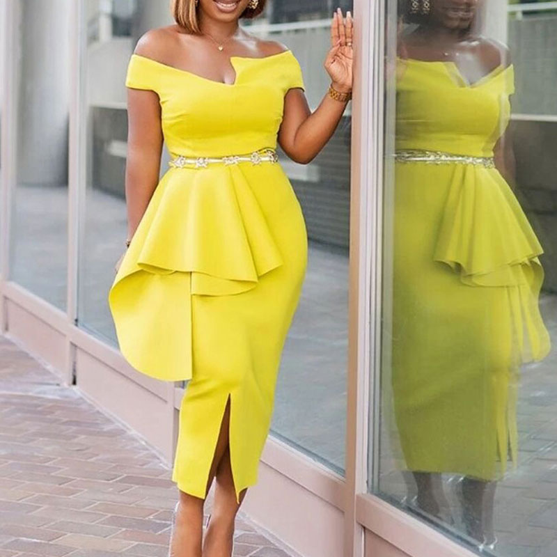 Solid Off Shoulder Sleeveless Ruffle Design Slit Dress