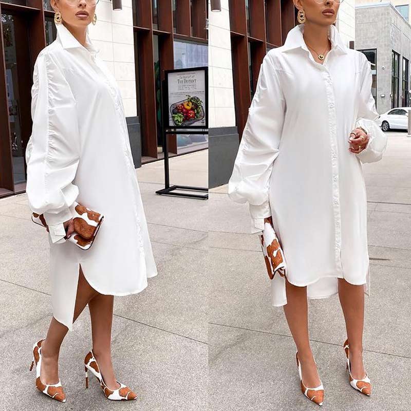 Solid Ruched Sleeve Button Detailed Shirt Dress