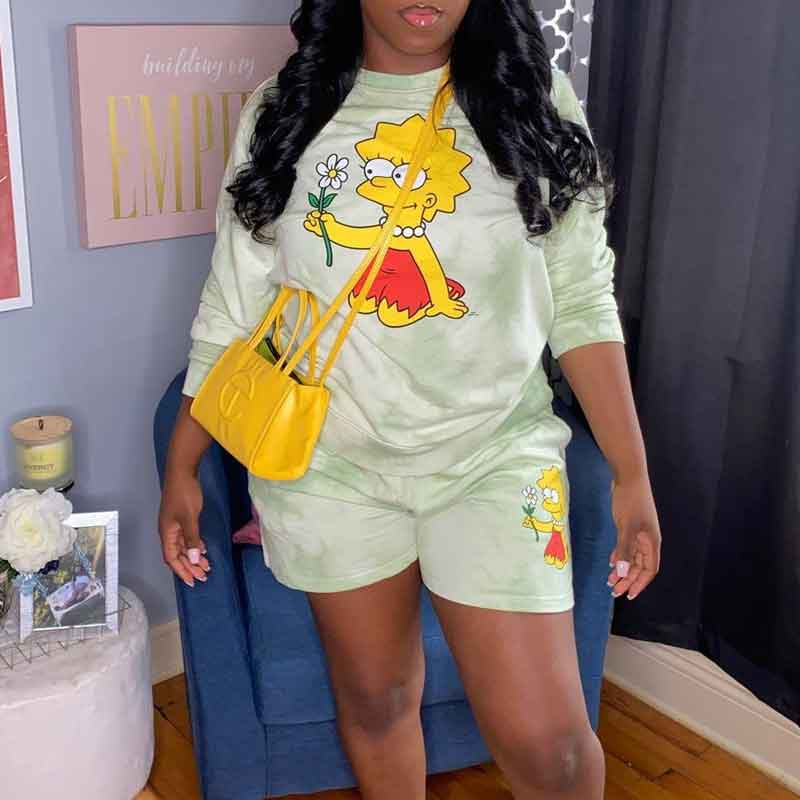 Cartoon Print Long Sleeve Top & Shorts Set