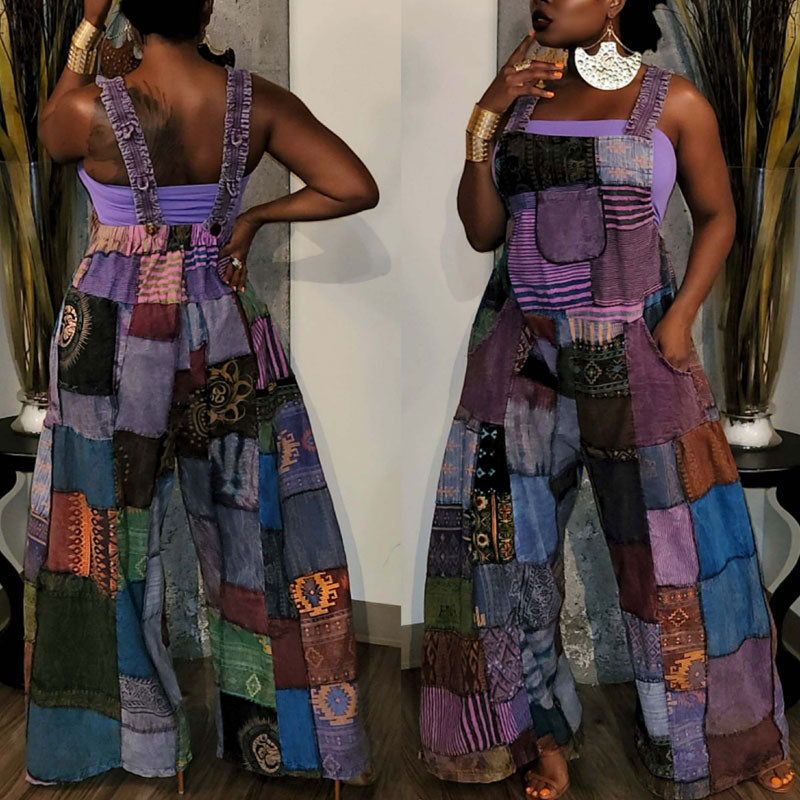 Colorful Print Sleeveless Wide Leg Jumpsuit