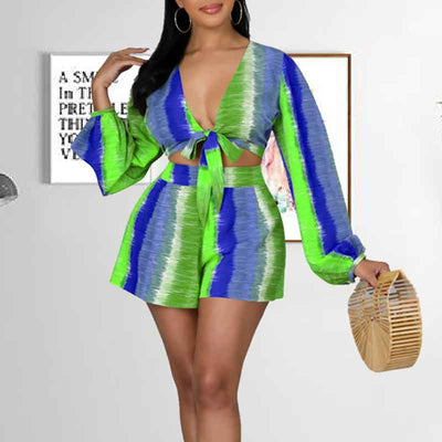 Print V-Neck Long Sleeve Tied Top & Shorts Set