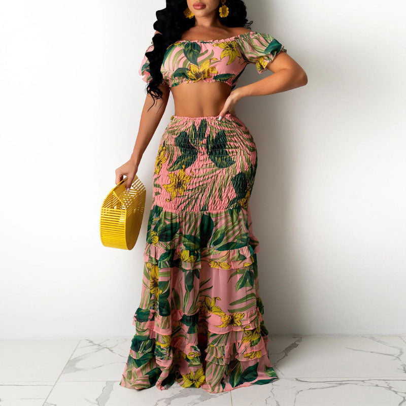 Leaf Pattern Crop Top & Skirt Set