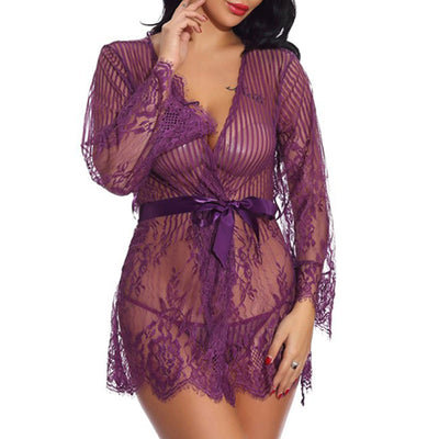 Solid V-Neck Long Sleeve Lace Nightdress