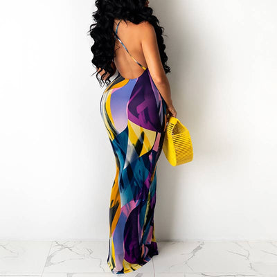 Colorblock Print Backless Split Maxi Dress