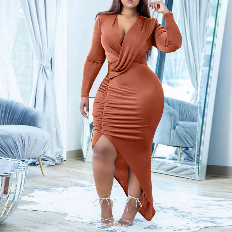 Solid V-Neck Long Sleeve Ruched Slit Dress