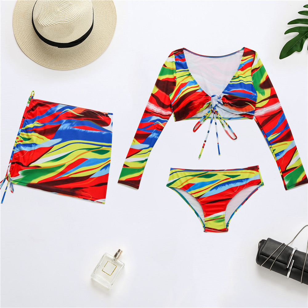 Tie Dye Long Sleeve 3 PCS Bikini Set Swimwear
