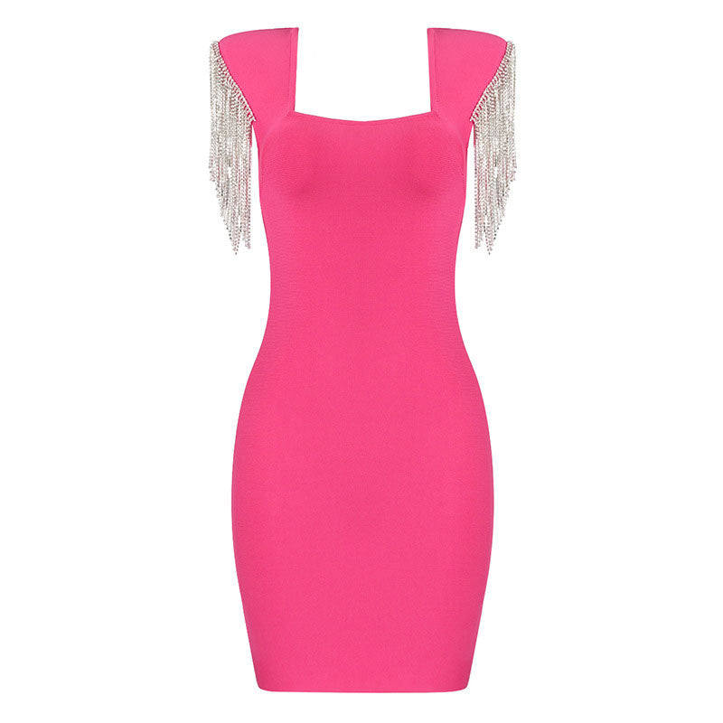 Rhinestone U Neck Sleeveless Tassel Design Bodycon Dress