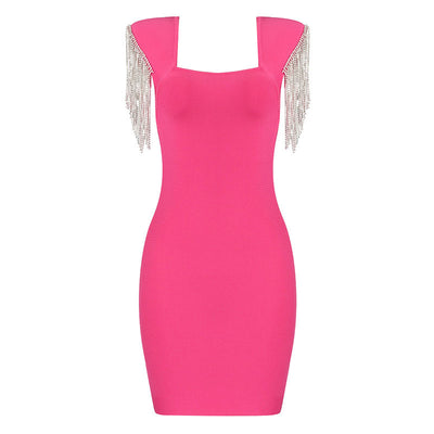 Rhinestone U Neck Sleeveless Tassel Design Bodycon Dress