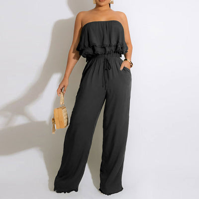 Solid Off Shoulder Ruffles Belted Jumpsuit